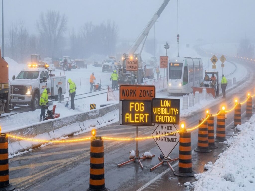 オプトサイン | Work Zone Safety Signs in Extreme Weather: How Rain, 雪, and Wind Cause Equipment Failure — and How to Respond OPTSIGNS | Work Zone Safety Signs in Extreme Weather: How Rain, Snow, and Wind Cause Equipment Failure — and How to Respond