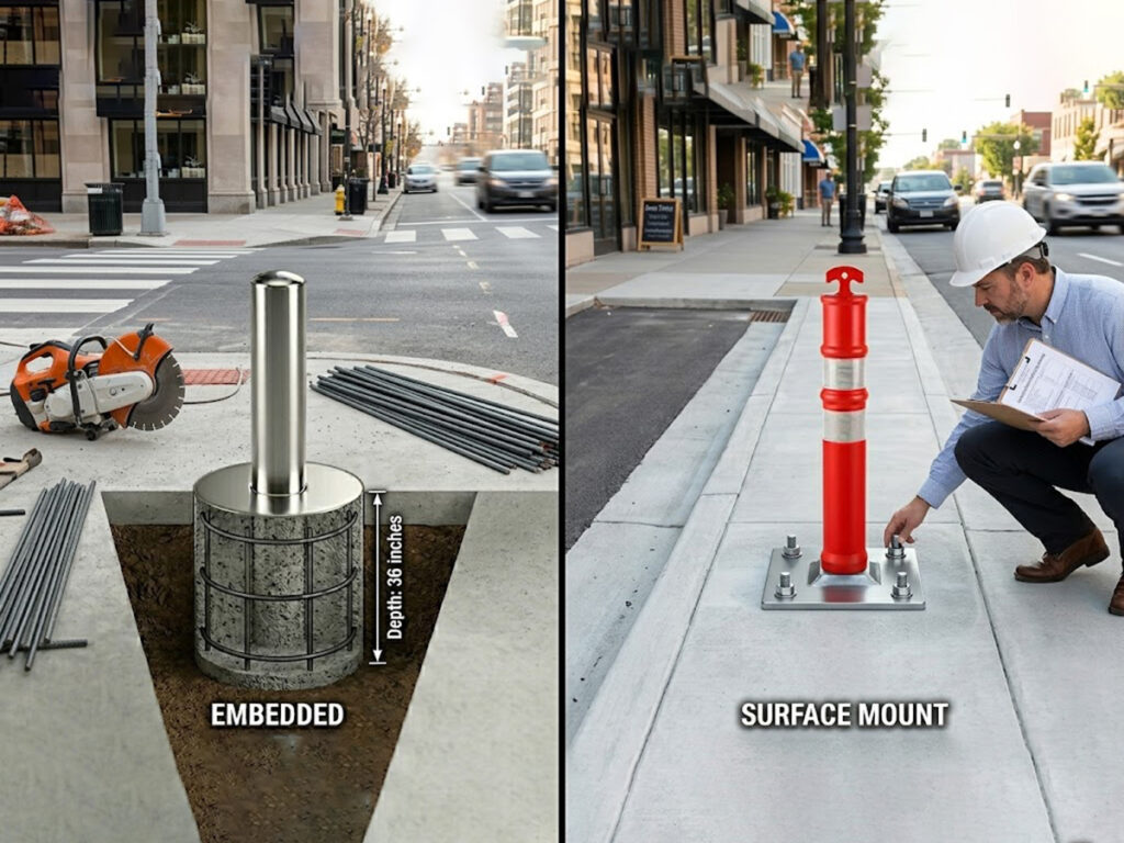 OPTSIGNS | Traffic Bollard Foundation & Base Plate Requirements: Embedded vs. Surface Mount Installation OPTSIGNS | Traffic Bollard Foundation & Base Plate Requirements: Embedded vs. Surface Mount Installation