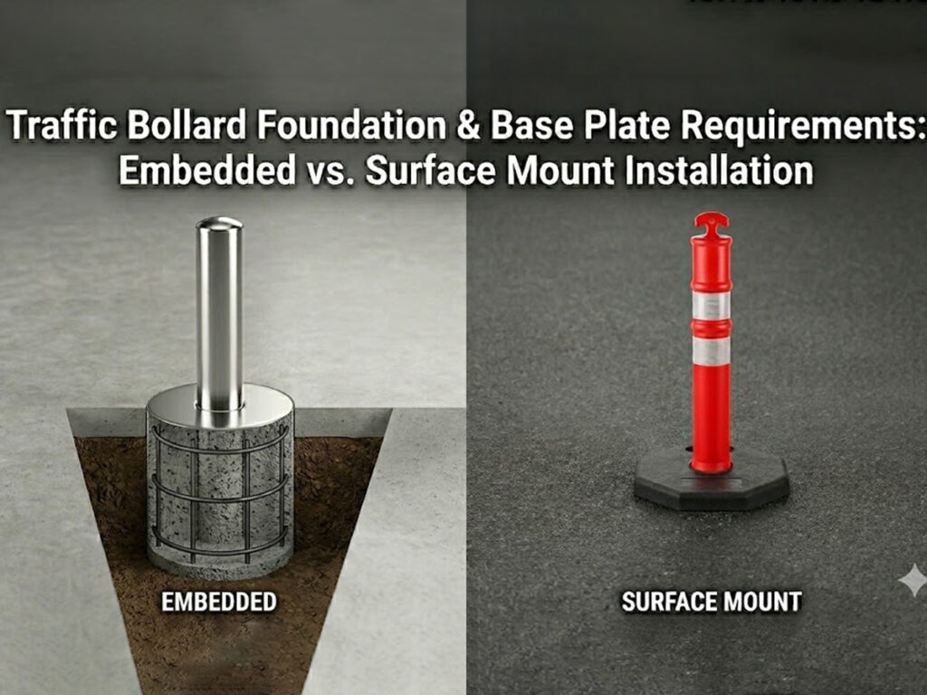 Traffic Bollard Foundation & Base Plate Requirements Embedded vs. Surface Mount Installation