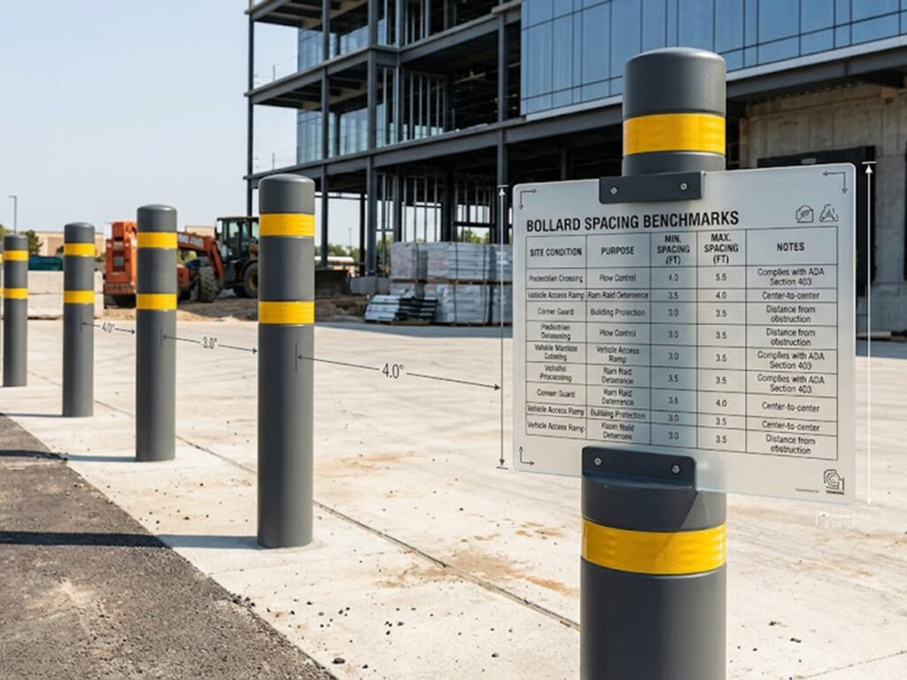 اوبتسيغنز | دليل تباعد حاجز المرور: المسافة بين الشمعات حسب حالة الاستخدام OPTSIGNS | Traffic Bollard Spacing Guide: Distance Between Bollards by Use-Case