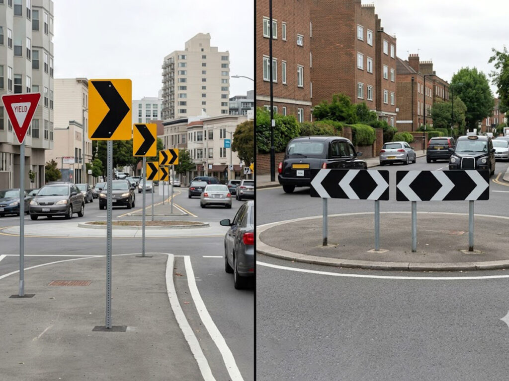 OPTSIGNS | Chevron Signs for Roundabouts & T-Junctions: US vs. UK Compliance & Installation Rules